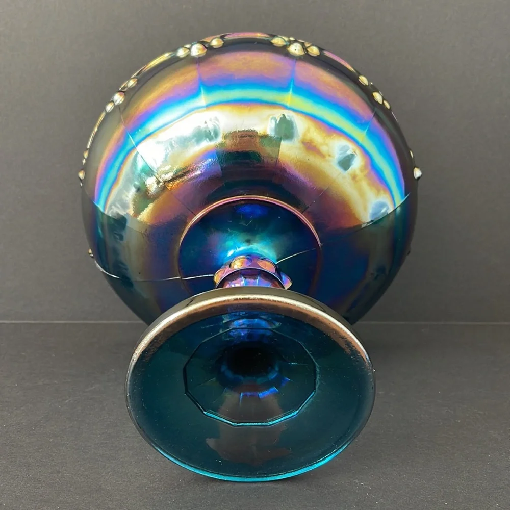 Indiana Glass Peacock Blue Carnival Glass with Garland Pedestal Bowl‎